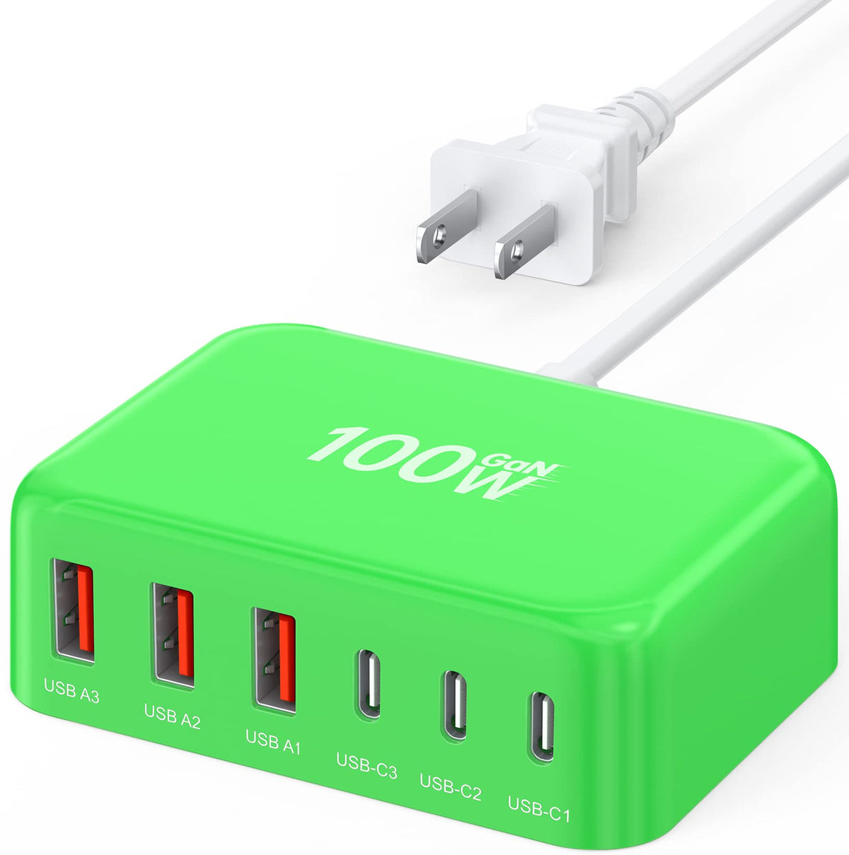 USB C Fast Charger, 100W GaN 6 Port Type USB C Charging Station Hub Block Cube, USB C Wall Charger Power Strip Adapter Plug for iPad iPhone 16 15 14 13 12 Pro Max Pixel Note Galaxy, 5ft Cord