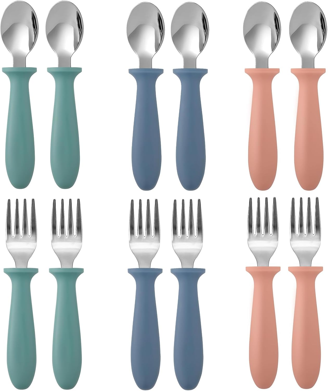 Toddler Flatware Sets 12 Piece Dark Kids Forks and Spoons Stainless Steel Utensils with Easy Grip Handles for Self Feeding Baby Children Boys Girls
