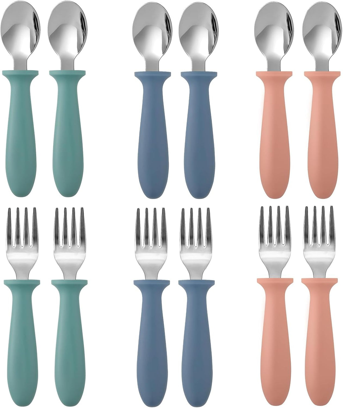 Toddler Flatware Sets 12 Piece Dark Kids Forks and Spoons Stainless Steel Utensils with Easy Grip Handles for Self Feeding Baby Children Boys Girls