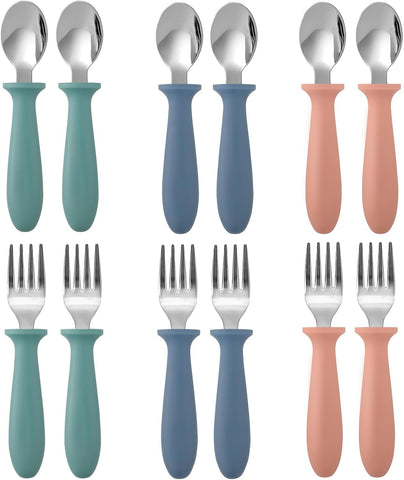 Toddler Flatware Sets 12 Piece Dark Kids Forks and Spoons Stainless Steel Utensils with Easy Grip Handles for Self Feeding Baby Children Boys Girls