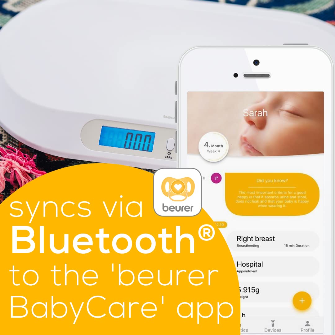 Beurer BY90 Digital Baby & Pet Scale with Bluetooth for Infants, Cats & Dogs, Weighing in Lbs/Oz/Kg up to 44 lbs, Hold & Tare Function for Accuracy & Curved Platform
