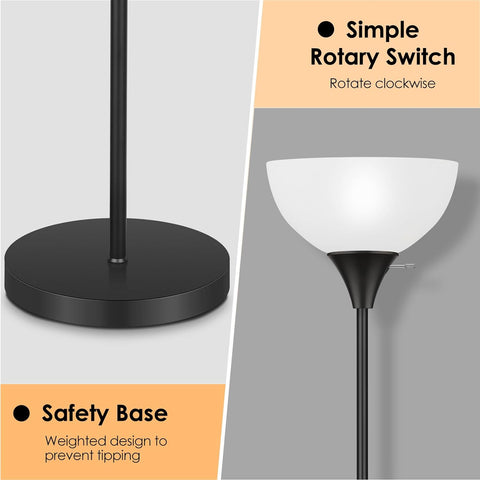 Coucrek Floor Lamp, LED Standing Lamps with White Plastic Shade, Black Modern Torchiere Floor Lamp, Tall Lamps for Living Room Dorm, Bulb not Included