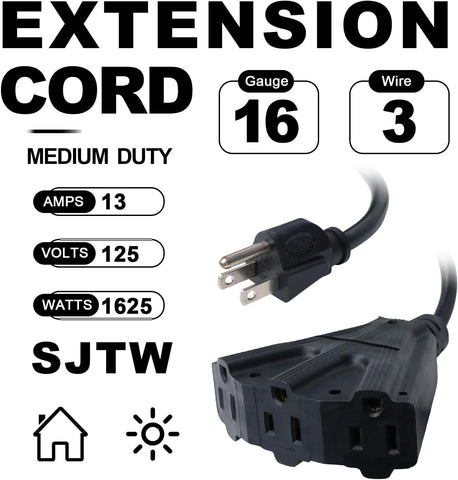 EP 6 Ft Outdoor Extension Cord 16/3 SJTW 3 Electrical Power Outlets, Black