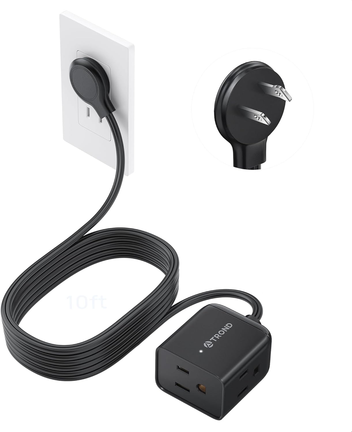 TROND 2 Prong to 3 Prong Extension Cord 10ft, Polarized Flat Plug, 3 AC