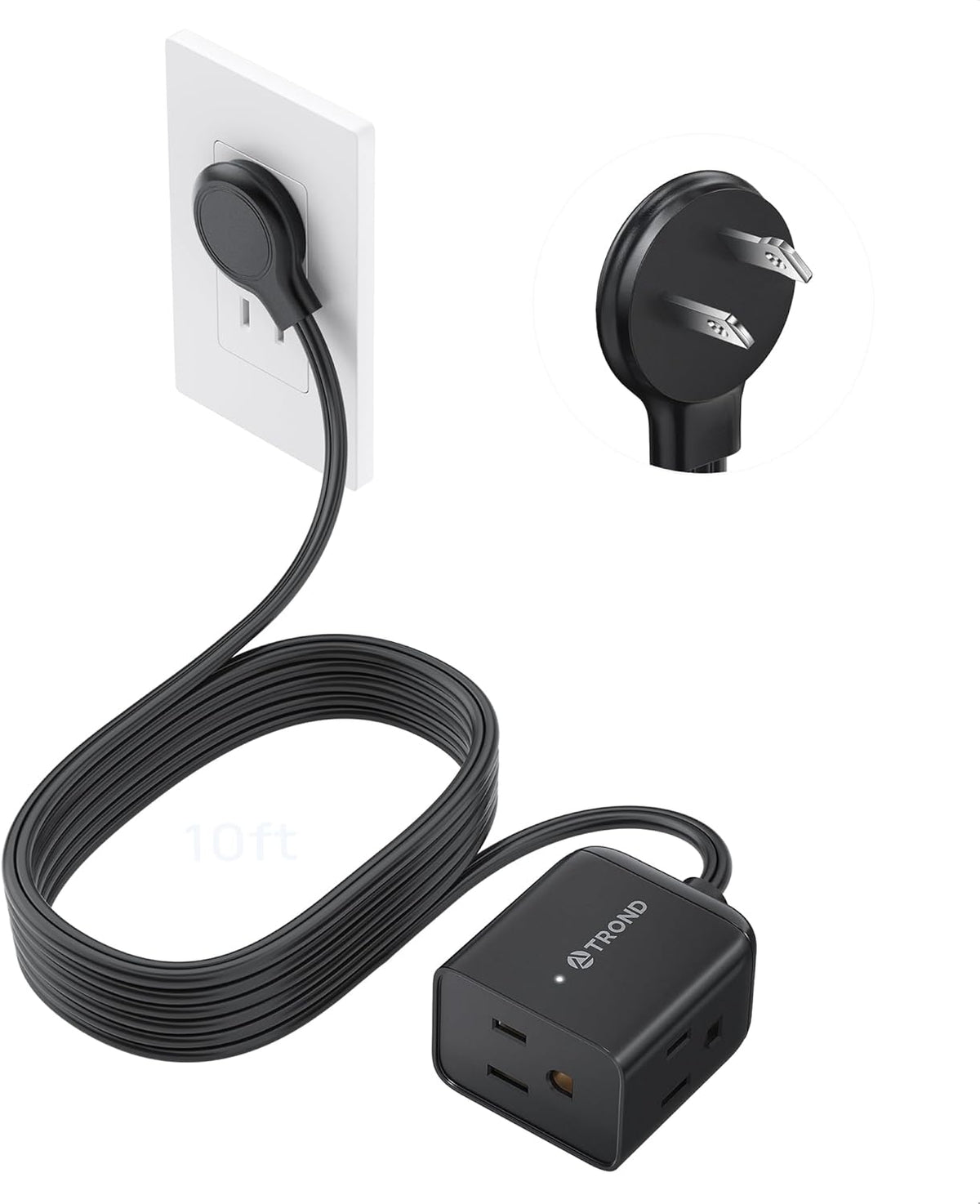 TROND 2 Prong to 3 Prong Extension Cord 10ft, Polarized Flat Plug, 3 AC