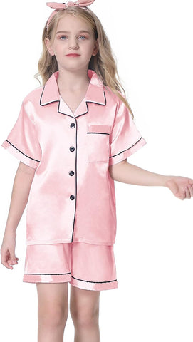 Umeyda Women & Girls Pajamas Set, Soft Satin Lightweight Silk Button-Down Top with Shorts 2 Piece PJS for Mom Boys Kids Gifts