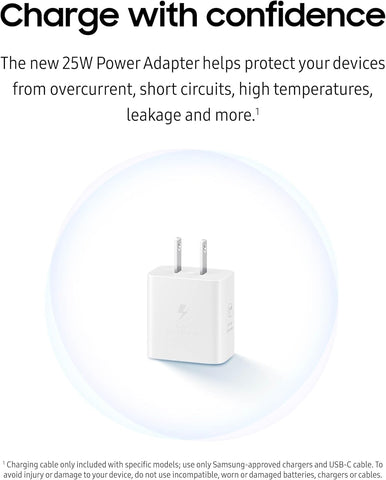 SAMSUNG 25W Wall Charger Power Adapter with Cable, Super Fast Charging, Compact Design, Compatible with Galaxy and USB Type C Devices, White