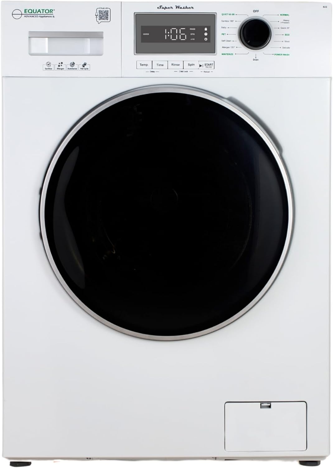 Equator Compact Washer 1.57cf/13lbs POWER WASH 15 Programs 1200rpm 110V