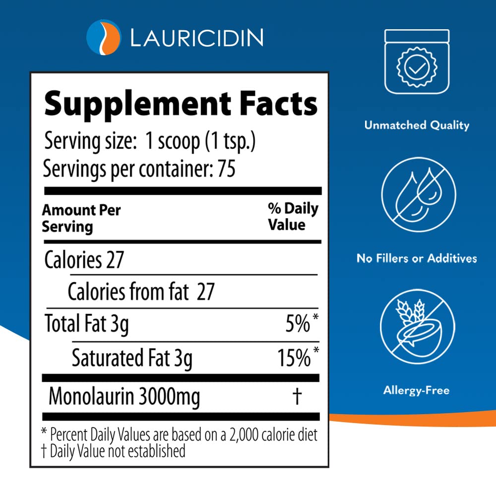 Lauricidin Monolaurin Supplement for Immune Support - Gut Health - High Potency Monolaurin Pellets, 3000mg per Serving- 227g per 8oz Jar