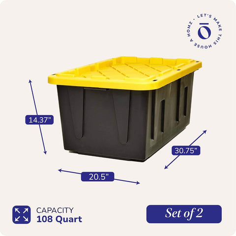 HOMZ Durabilt Plastic Storage Bins with Lids, 27 Gal, Black/Yellow, 2 Pack