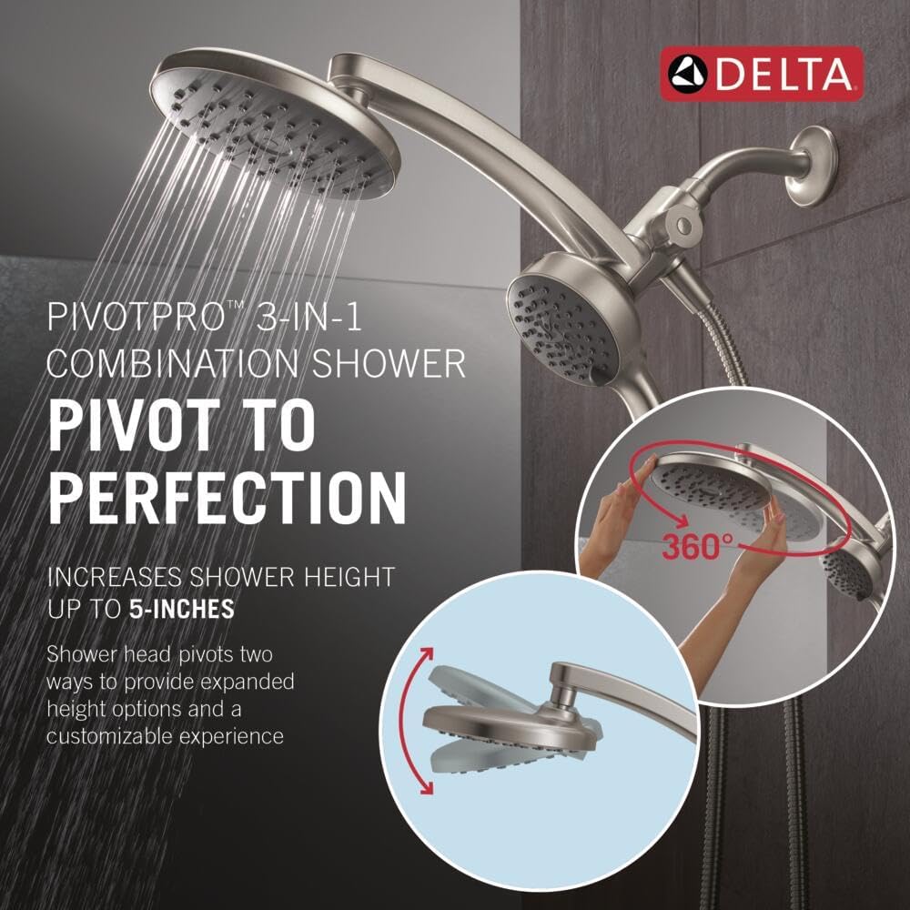 Delta 6-Setting PivotPro 3-in-1 Combination Shower Head with ProClean Spray, Brushed Nickel Round Shower Head Rainfall with Handheld Spray, 1.75 GPM, SpotShield Brushed Nickel 75648SN