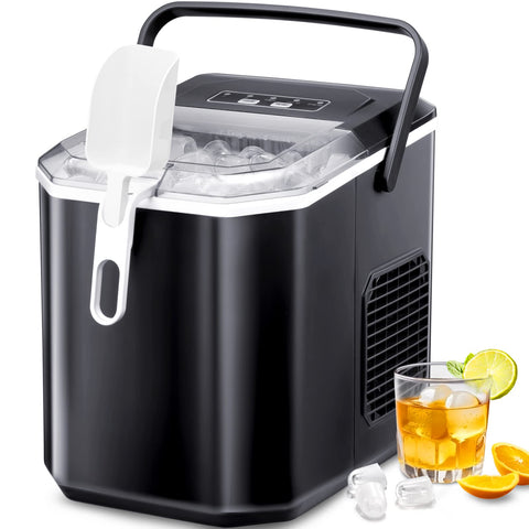 Crzoe Ice Makers Countertop, Ice Machine with Handle, 26Lbs in 24Hrs, 9 Cubes Ready in 6 Mins, Self-Cleaning Portable Ice Maker, 2 Sizes of Bullet Ice Cubes for Home and Office(Black)