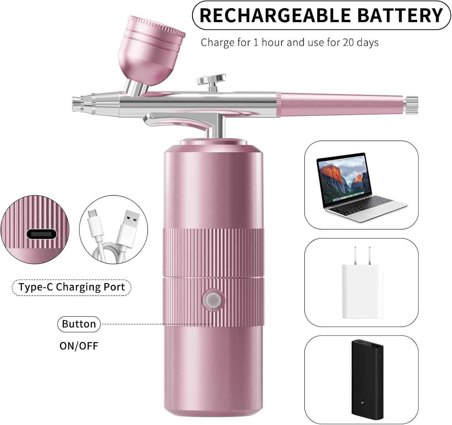 Airbrush Kit with Compressor Portable Airbrush Kit 48PSI High-Pressure Non-Clogging Air Brush Set Cordless Rechargeable with 0.3mm Nozzle and Cleaning Brush for Painting,Nail Art, Makeup (pink)