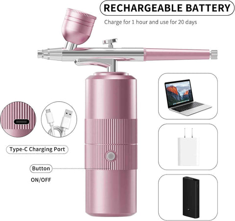 Airbrush Kit with Compressor Portable Airbrush Kit 48PSI High-Pressure Non-Clogging Air Brush Set Cordless Rechargeable with 0.3mm Nozzle and Cleaning Brush for Painting,Nail Art, Makeup (pink)