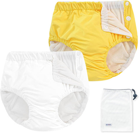 EZ Moms 2 Packs Reusable Swim Diapers Infant Baby Swim Diapers 6-9 Months Washable Snap Pool Swimming Diaper 3-6 Months Newborn Water Diaper for Swimming Lessons Boys and Girls with a Laundry Bag