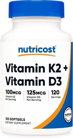 Nutricost Vitamin D3 + K2 (5000 IU D3 / 100mcg MK7) 120 Softgels, GMO-Free