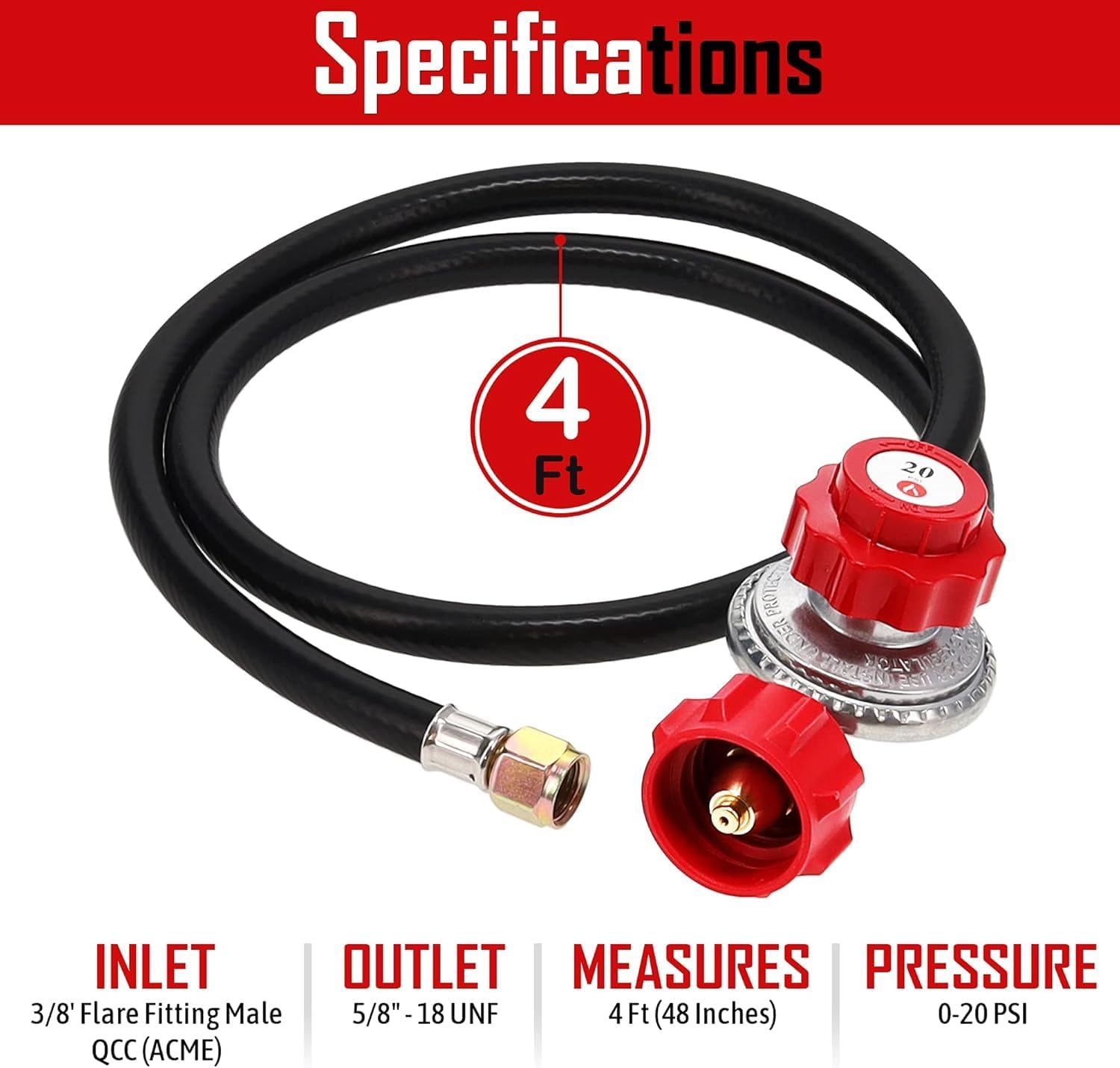 GasOne 2109-RED 4 ft High Pressure 0-20 PSI Adjustable Regulator with Red QCC-1 Type Hose-Works with Newer U.S. Propane Tanks