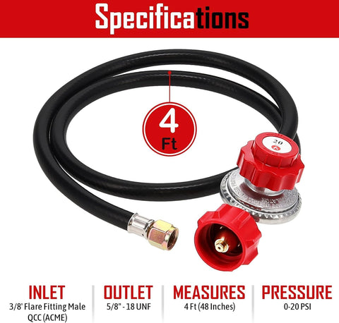 GasOne 2109-RED 4 ft High Pressure 0-20 PSI Adjustable Regulator with Red QCC-1 Type Hose-Works with Newer U.S. Propane Tanks