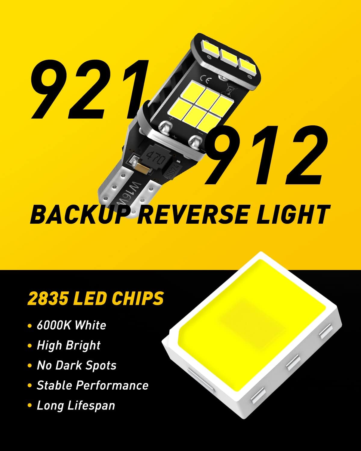 AUXITO 912 921 LED Bulb for Backup Light Reverse Lights High Power 2835 15-SMD Chipsets Error Free T15 906 922 W16W Bulbs, 6000K White, Automotive Light Bulbs (Upgraded, Pack of 2)