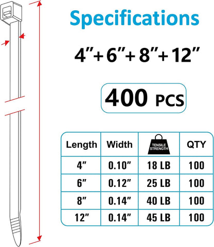 Zip Ties Assorted Sizes(4”+6”+8”+12”), 400 Pack, Black Cable Ties, UV Resistant Wire Ties by ANOSON