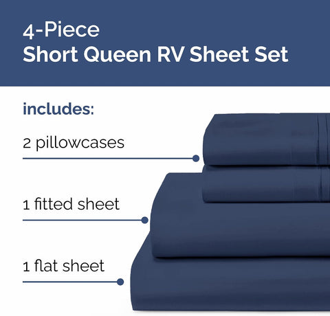 Short Queen Size 4 Piece Bed Sheet Set - RV Short Queen Sheets - Navy Blue