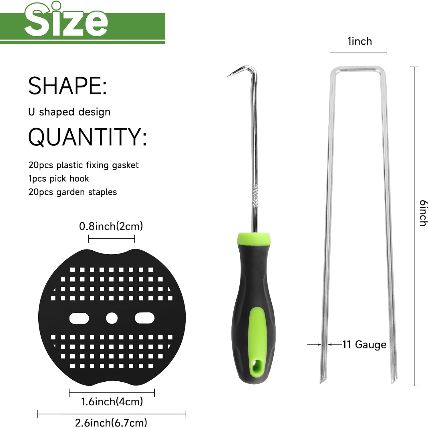 JELNER Garden Stakes,6 Inch 11 Gauge 20pcs Galvanized Landscape Staples + 20pcs Gaskets + 1Pick Hook, Tent Stakes Landscaping Fabric SOD Pins for Weed Fabric Barrier,Groud Cover,Fence