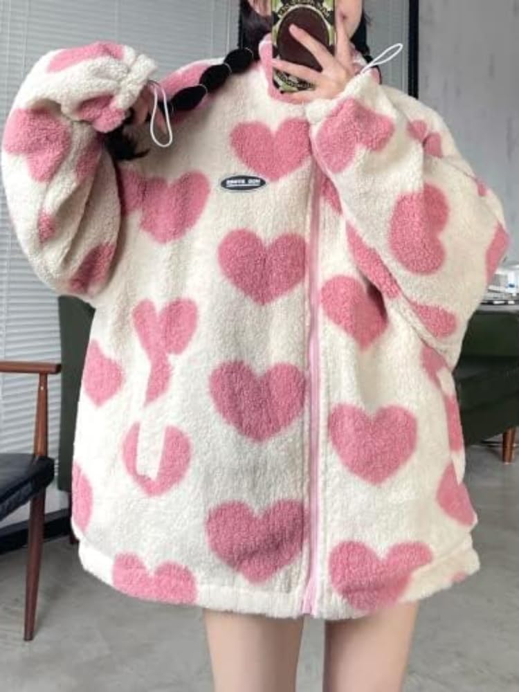 Sumleno Women's Fleece Sherpa Jackets Reversible Kawaii Heart Print Fuzzy Zip Up Cutecore Coats Aesthetic Y2k Gyaru Clothes
