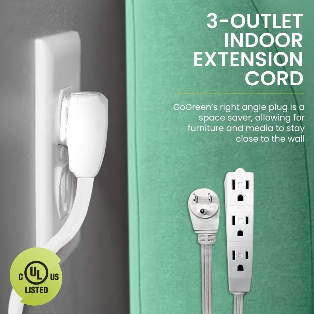 Go Green Power Inc. 15ft Extension Cord with 3 Outlets, White - Compact, Flush-Fit Design, Heavy Duty, Grounded Plug - Ideal for Home & Small Appliances - GG-19615