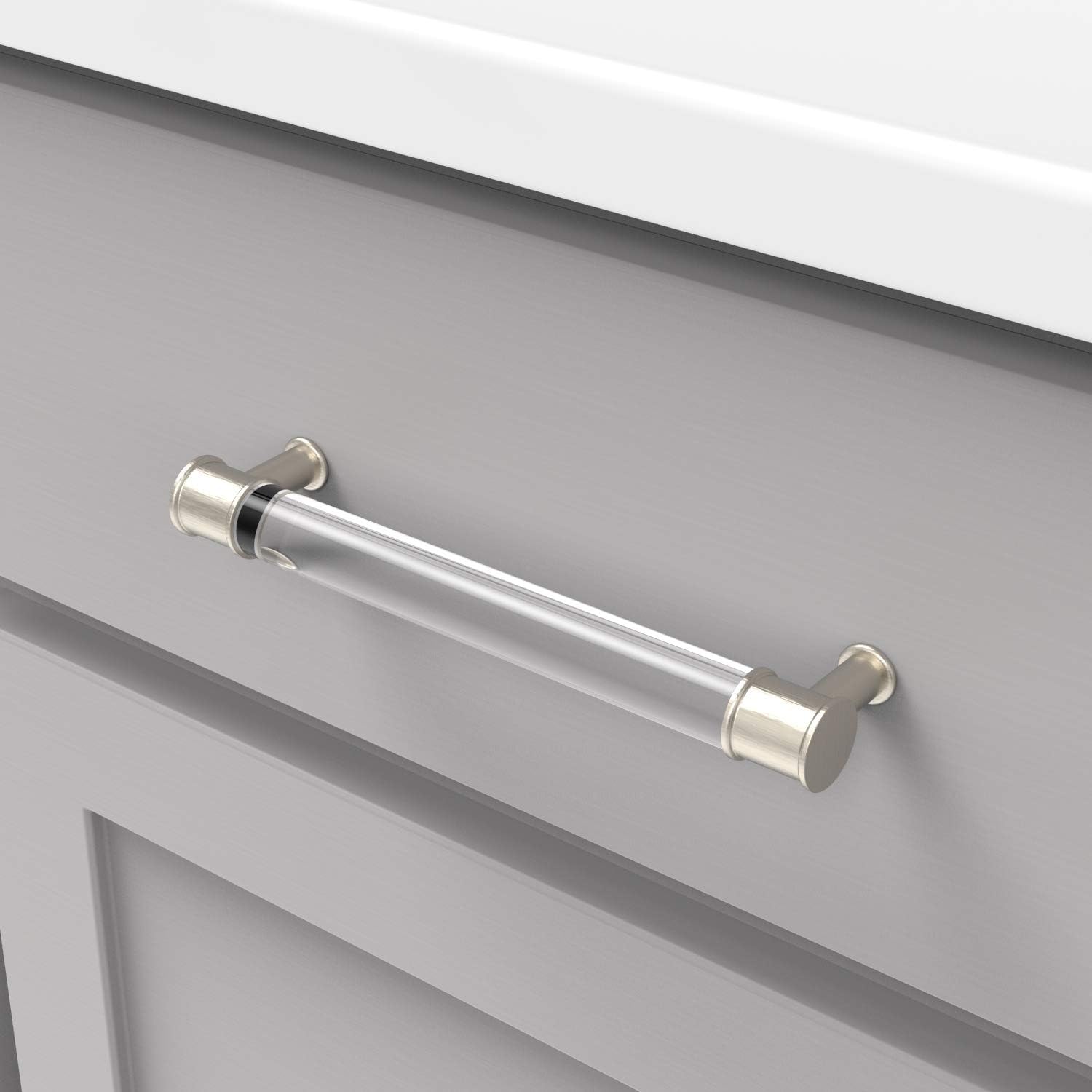 Hickory Hardware 1 Pack Solid Core Kitchen Cabinet Pulls, Luxury Cabinet Handles, Doors & Dresser Drawers, 6-5/16 Inch (160mm) Hole Center, Crysacrylic with Satin Nickel, Midway Collection