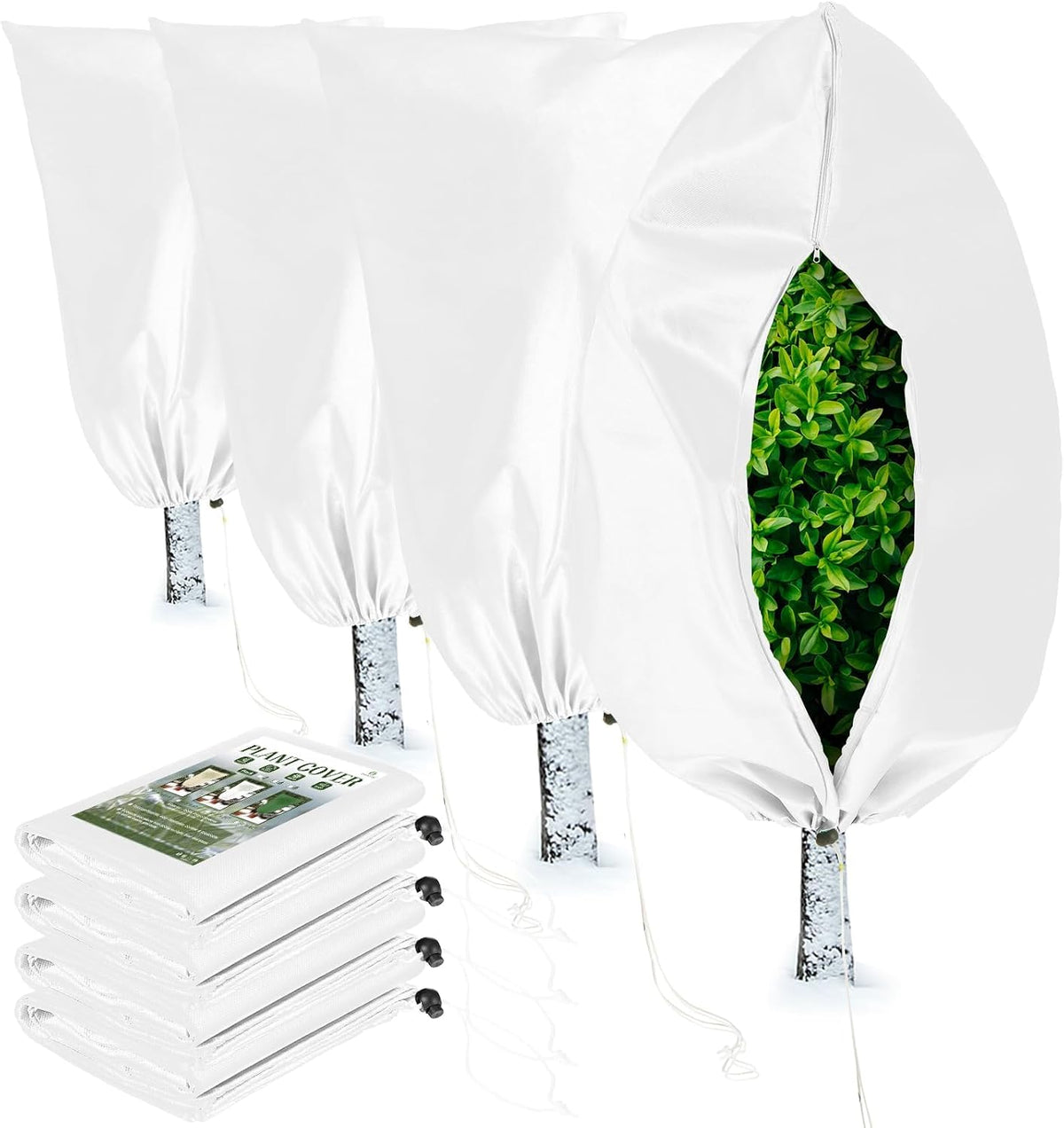 Homimp Plant Covers Freeze Protection, 4 Pack Frost Covers with Zipper Drawstring (23.6" x 31.5") Plant Protection Cover Bags for Outdoor Winter Frost Cold Weather Shrubs Trees Jacket Covers(White)