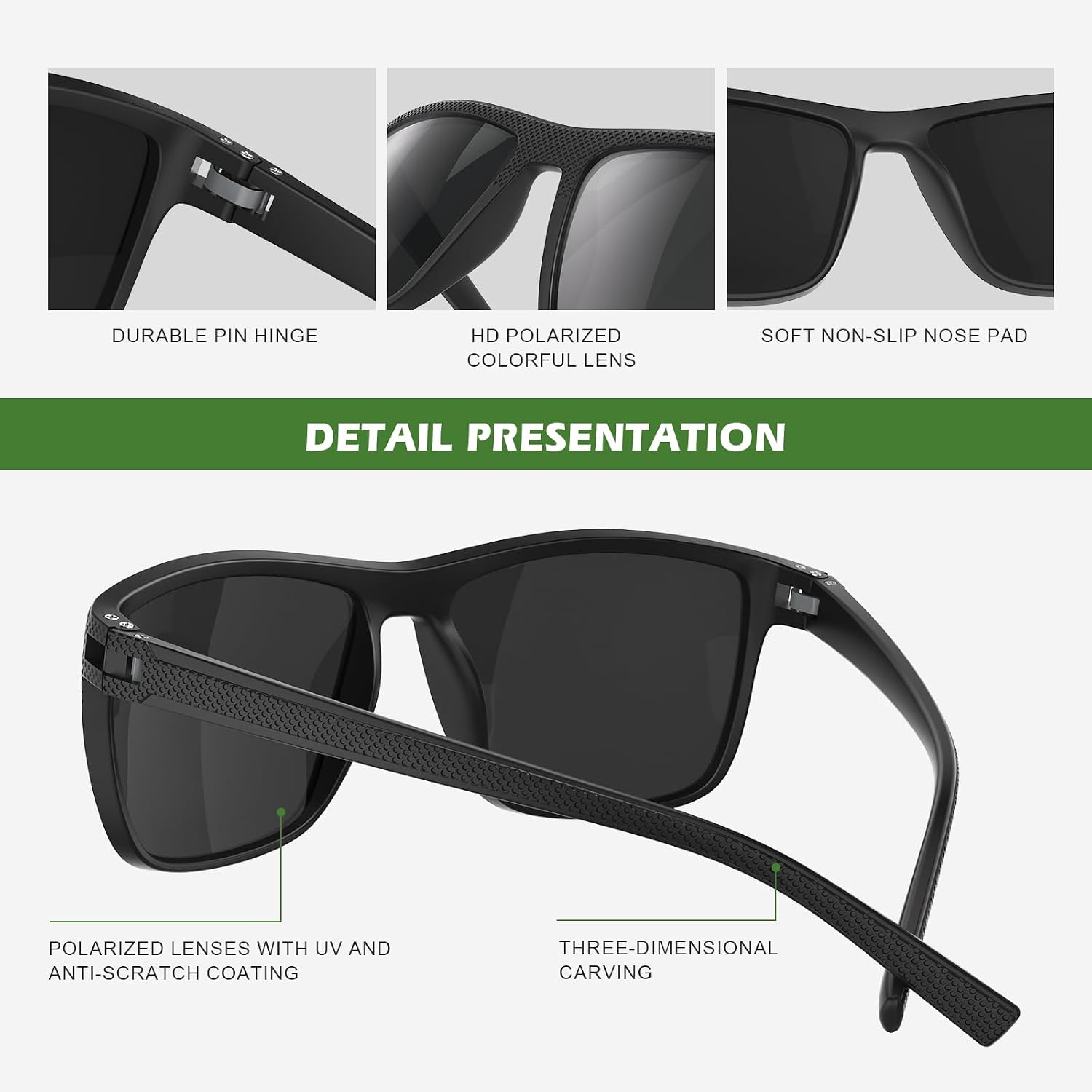 Fanshen Square Polarized Sunglasses for Men, 3 Pack Lightweight UV Protection Sun Glasses for Driving Fishing Golf