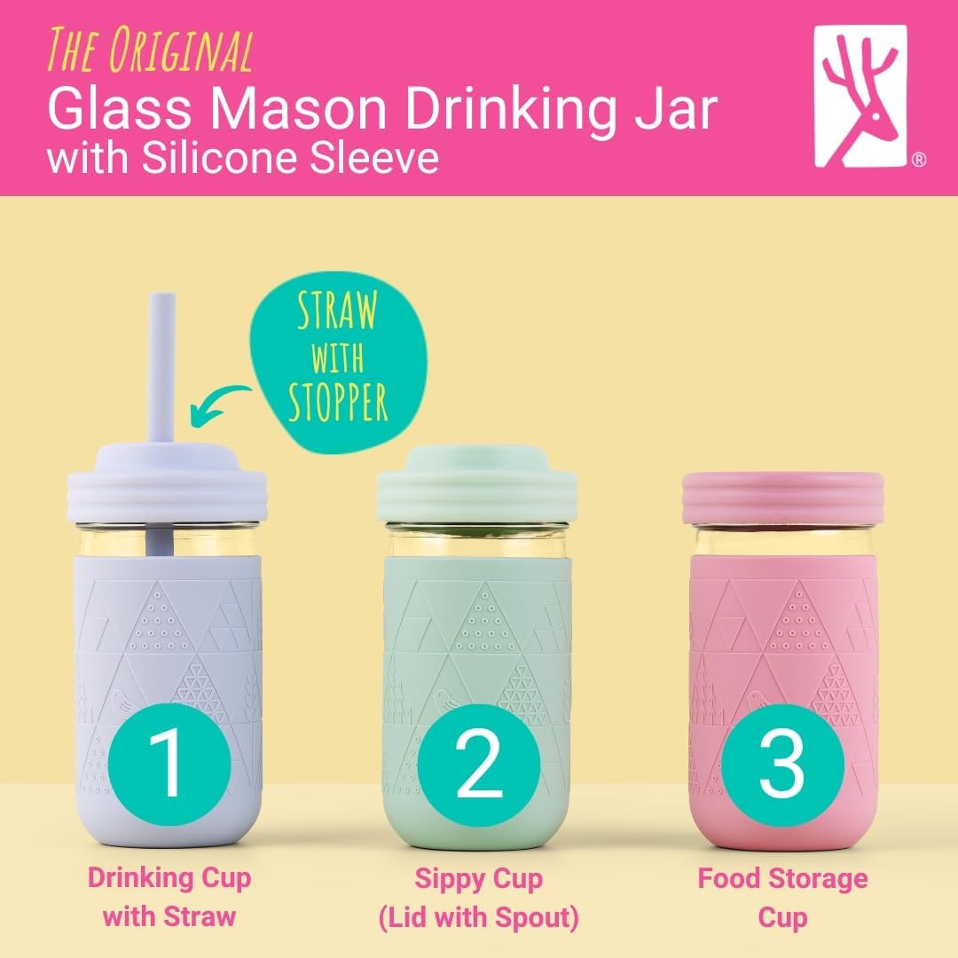 Elk and Friends Kids/Toddler 12oz Glass Mason Jars + Sleeves + Lids | 4pk