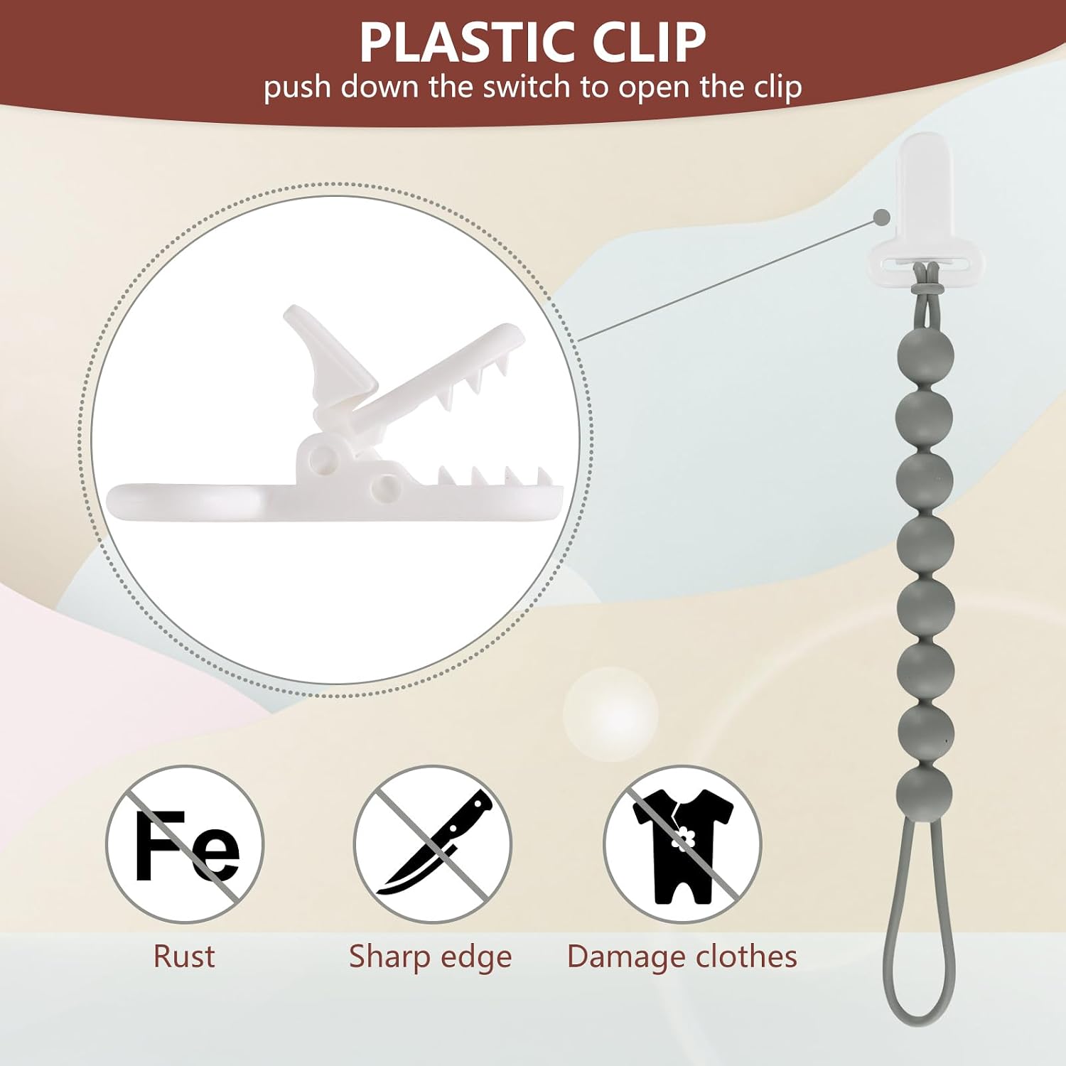 6-Pack Silicone Pacifier Clips for Babies, Safe Teething Beads, Rust-Free Holders, Baby Boy and Girl Essentials, Newborn Must-Have Accessories