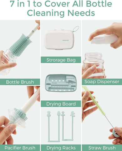 Momcozy 7-in-1 Baby Bottle Brush Set with Drying Rack, Green