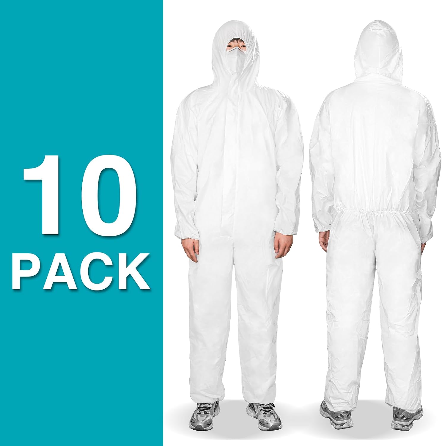 FURWEY Hazmat Suits 1/10 Pack Disposable Coveralls, with Elastic Wrists, Ankles and Hood, Available in 4 sizes