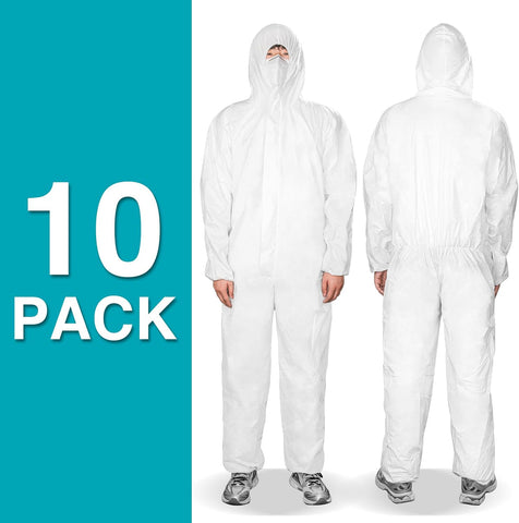 FURWEY Hazmat Suits 1/10 Pack Disposable Coveralls, with Elastic Wrists, Ankles and Hood, Available in 4 sizes