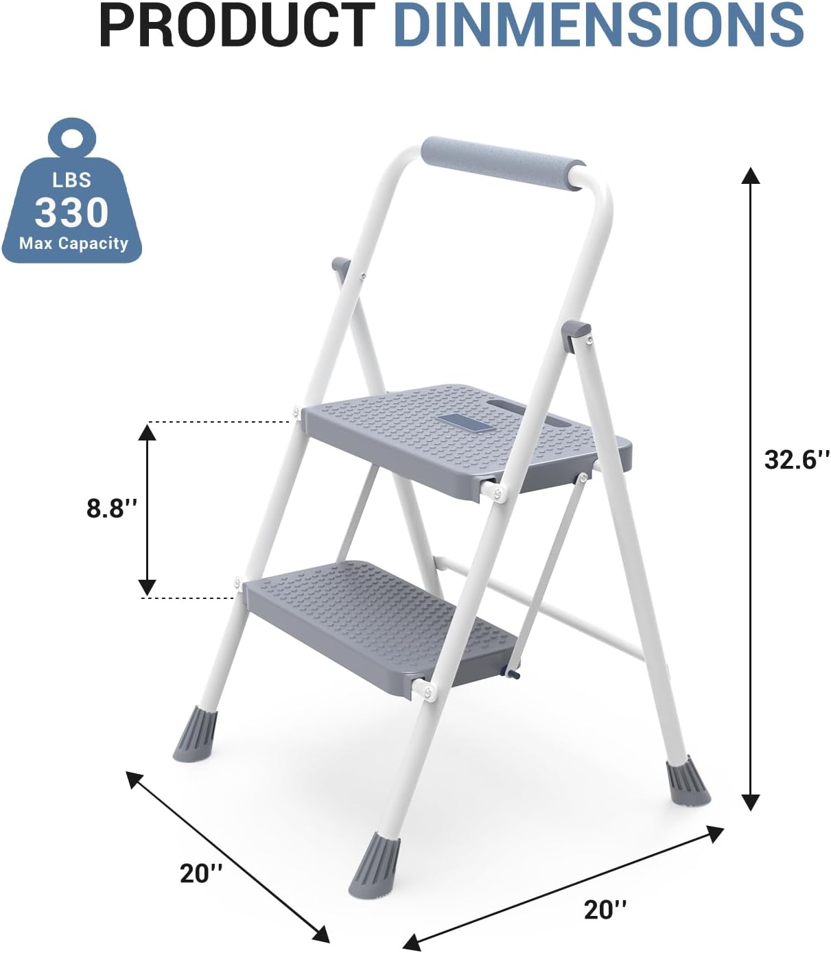 DUMOS 2 Step Ladder, Sturdy Step Stool with Anti-Slip Pedal & Comfortable Handrail, Portable Heavy Duty Stool for Kitchen, Garage & Outdoor, 330lbs, Grey