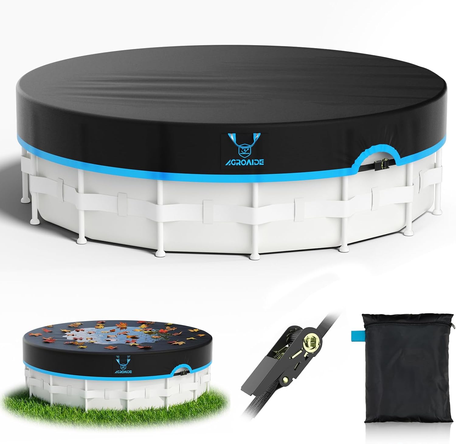 Pool Cover 12ft Round, Ratchet Strap System & Seamless Side Design