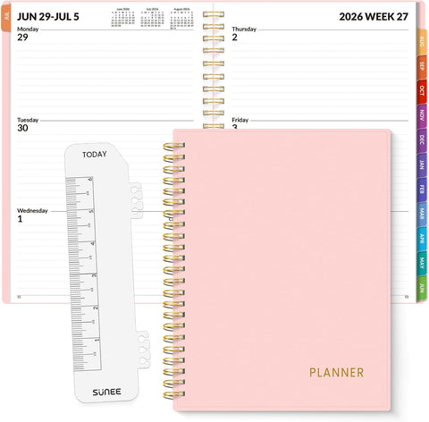 SUNEE Academic Planner 2026-2027 – Weekly & Monthly Planner, July 2026 to June 2027, 6.4"x8.3", Thick Paper, Tabs, Pockets, Bookmark, Spiral-Bound, Student Teacher Organizer, Pink