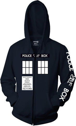 Ripple Junction Doctor Who Men’s Full Zip-Up Hooded Sweatshirt Tardis Police Public Call Box Pull to Open Officially Licensed