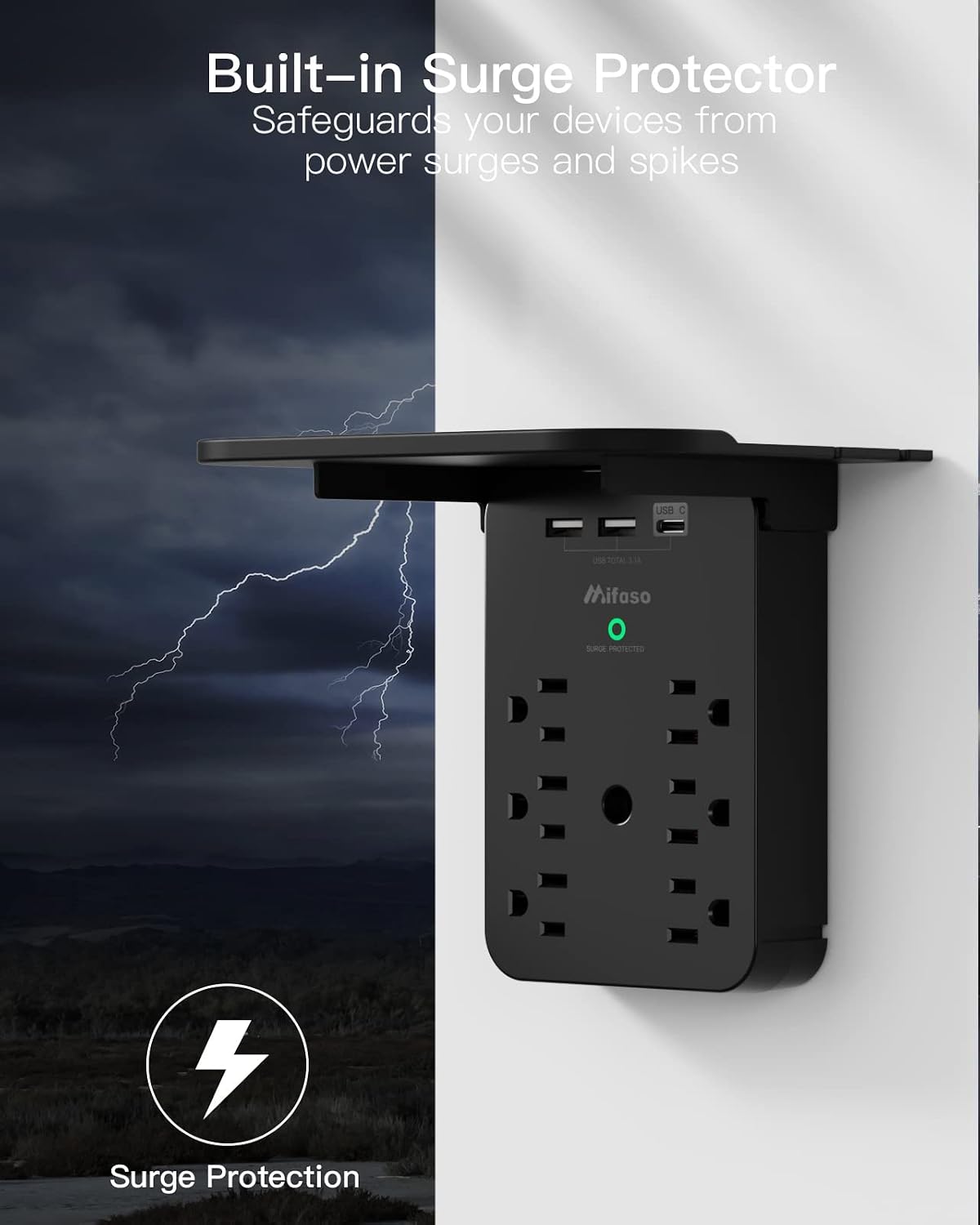 Wall Outlet Extender with Shelf, Surge Protector 6 AC Multi Plug Outlet
