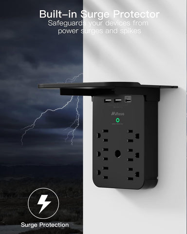 Wall Outlet Extender with Shelf, Surge Protector 6 AC Multi Plug Outlet