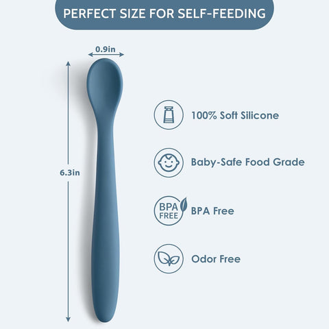 6 Piece Silicone Baby Feeding Spoons, First Stage Infant Soft-Tip Easy on Gums, Training Spoon Self-feeding, Utensils Supplies, Dishwasher & Boil-proof - Blue