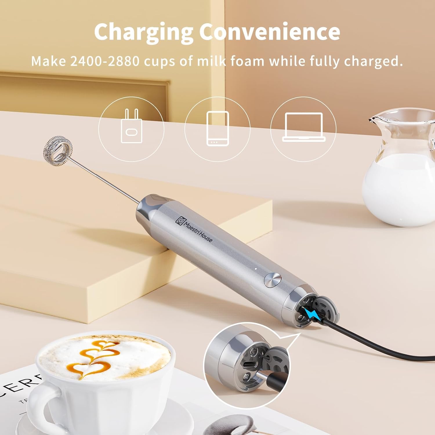 Maestri House LunaFro Rechargeable Milk Frother,Stand & 2 Detachable Whisks