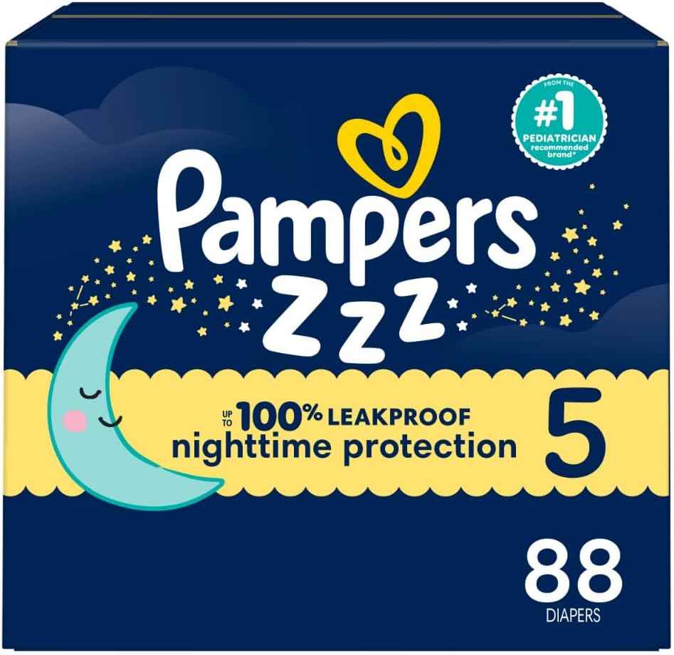 Pampers ZZZ Overnight Diapers, Size 5 (27+ lbs), 88 Count, Nighttime Protection Disposable Baby Diaper, Night Time Leak and Skin Protection