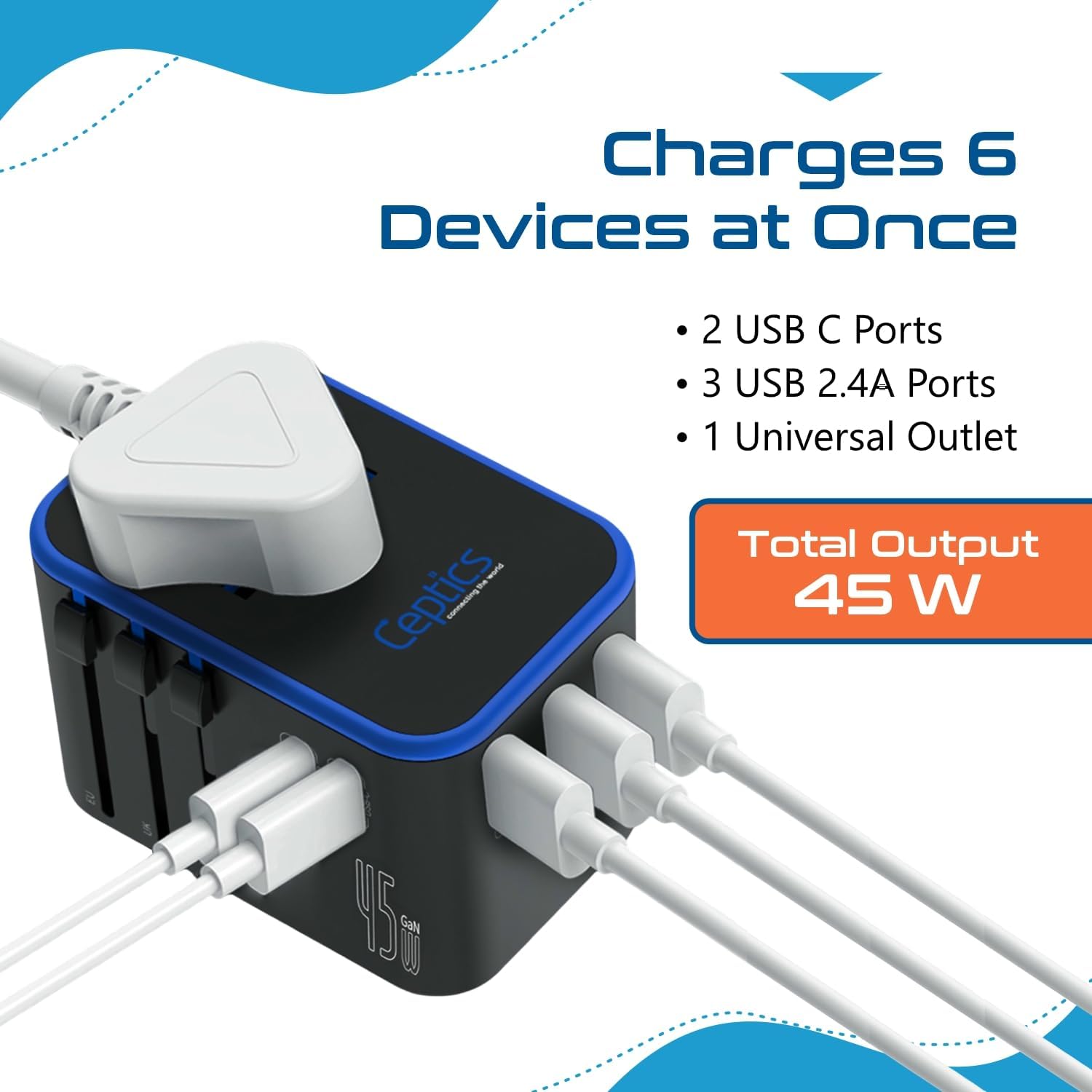 Ceptics 45W Universal Travel Adapter w/ 3 USB-A, 2 USB-C & Universal Input