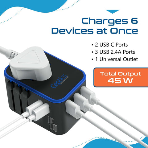 Ceptics 45W Universal Travel Adapter w/ 3 USB-A, 2 USB-C & Universal Input