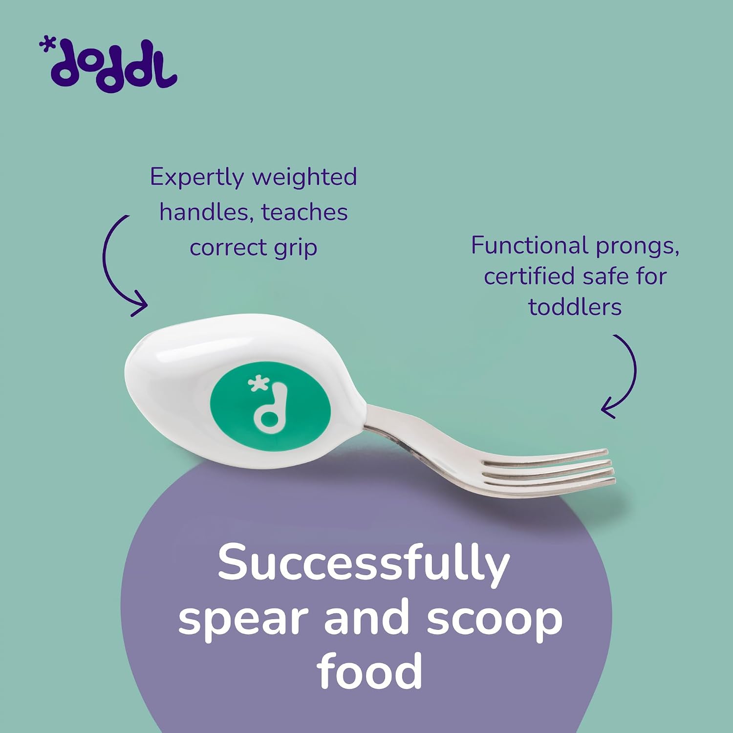 doddl Toddler Utensils, Ergonomic Fork and Spoon Set for Self Feeding, Stainless Steel Silverware for 1-3 Year Olds, BPA Free, Dishwasher Safe (Aqua)