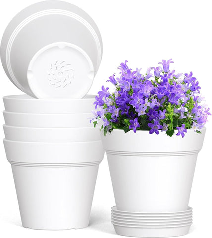 WSMKSZ 5 Inch Plastic Plant Pots with Drainage Holes and Trays – 6 Pack Small Nursery Pots for Indoor & Outdoor House Plants and Flowers, Seedling Starter Planters, White