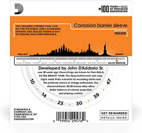 D'Addario 80/20 Bronze Acoustic Guitar Strings, Extra Light 10-47, 3 Sets